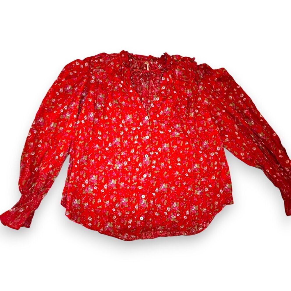 Free People Red Meant To Be Floral Puff Sleeve Blouse Large EUC